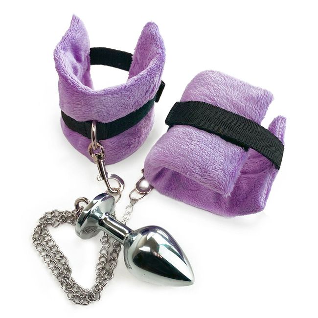 Наручники із пробкою Art of Sex Handcuffs with Metal Anal Plug M Фіолетовий SO6183 фото