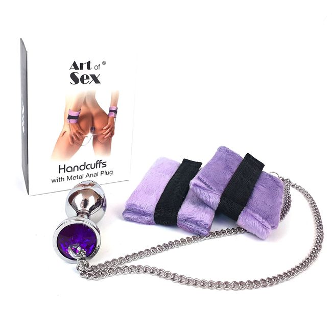 Наручники с пробкой Art of Sex Handcuffs with Metal Anal Plug M Фиолетовый SO6183 фото