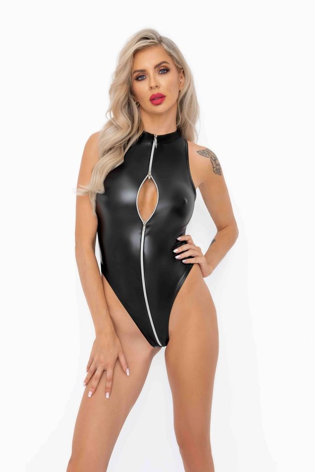 Leather bodysuit with zipper Noir Handmade F294 Powerwetlook bodysuit with front zipper Black S