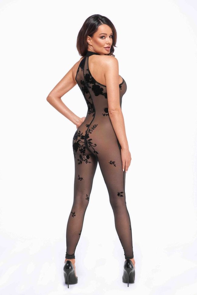 Бодістокінг Noir Handmade F315 Ego flocked mesh halter catsuit Чорний S SX0327 фото