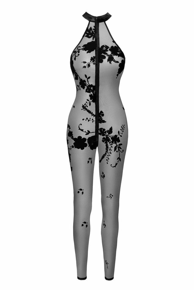 Бодістокінг Noir Handmade F315 Ego flocked mesh halter catsuit Чорний S SX0327 фото