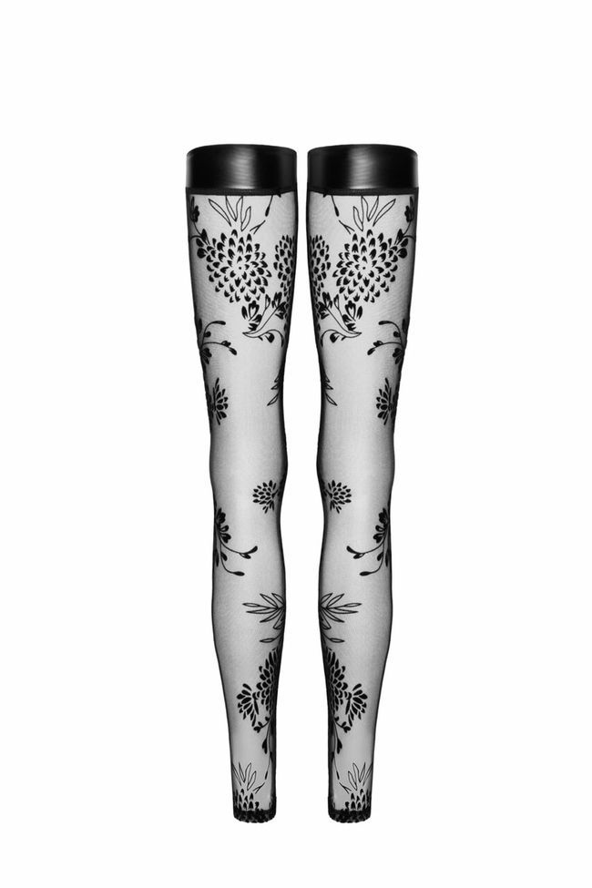 ulle Noir Handmade F243 Tulle stockings with patterned flock embroidery Black L