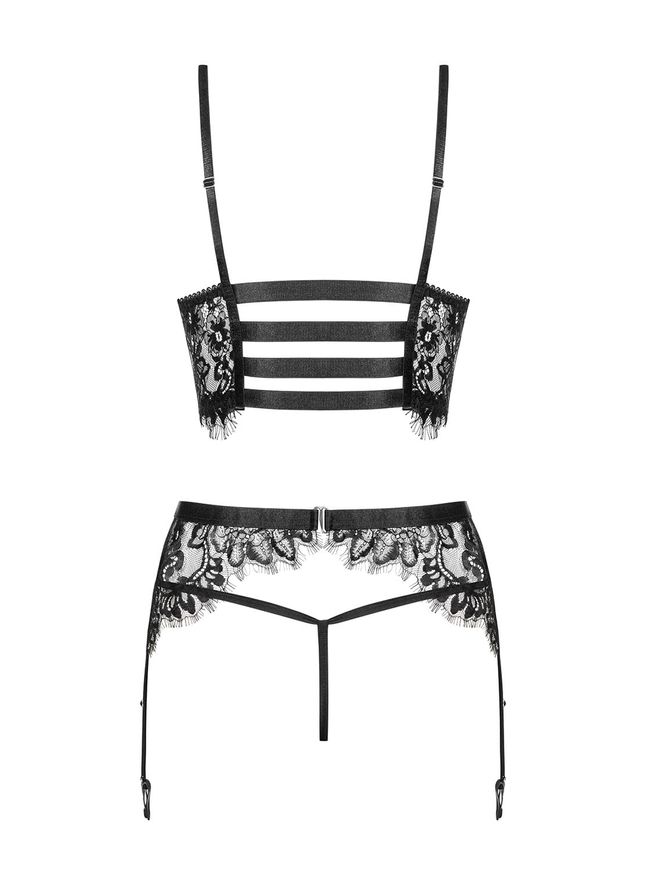 Lace set with belt Obsessive Lashy set, Black, L, XL, L/XL