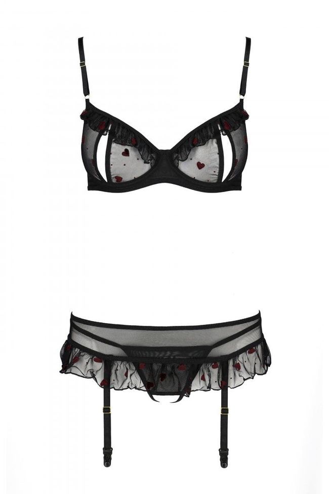 Set with garter belt and thong with cutout Passion LOVELIA SET, Black, L, XL, L/XL