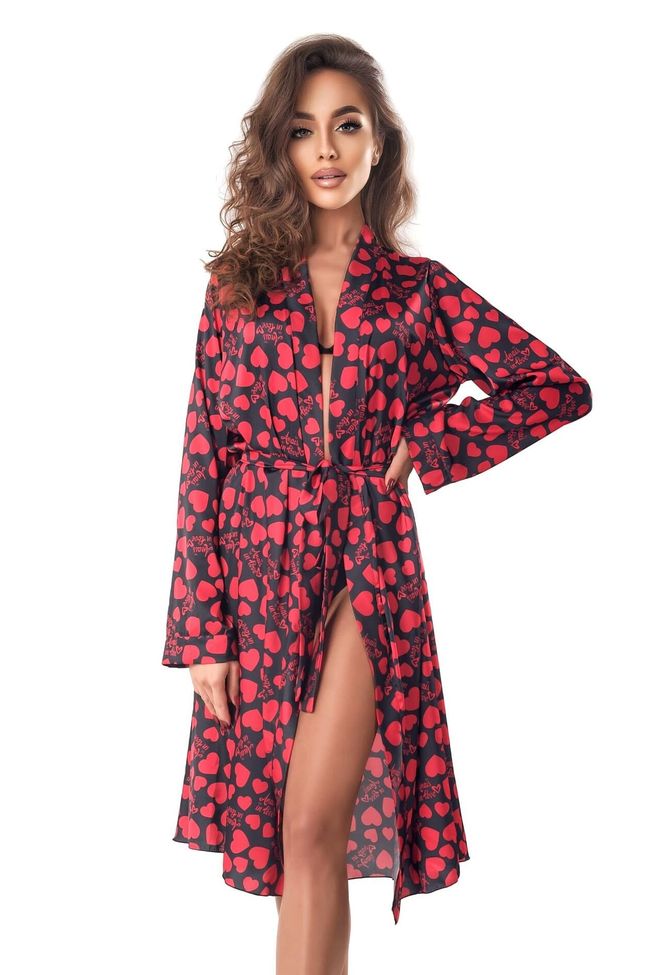 Атласний пеньюар із серцями Anais Morgan one robe Червоно-чорний 2XL/3XL 97295 фото