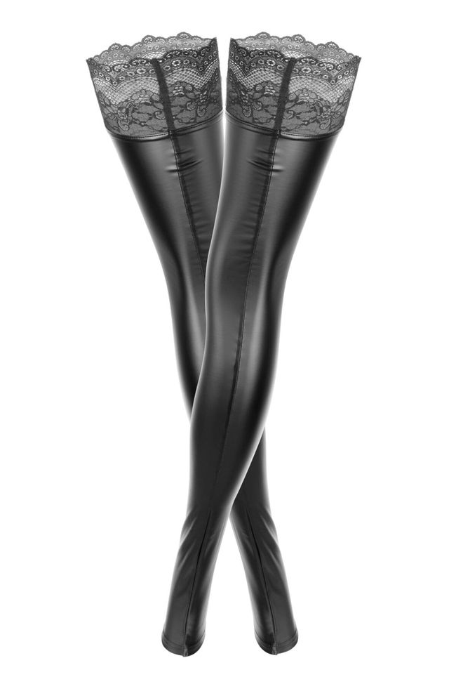 Latex stockings with lace Noir Handmade F135 Powerwetlook stockings Black S