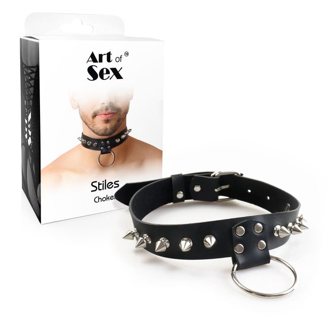 Men's Leather Choker with Spikes Art of Sex Stiles Leather and Spikes Black One Size