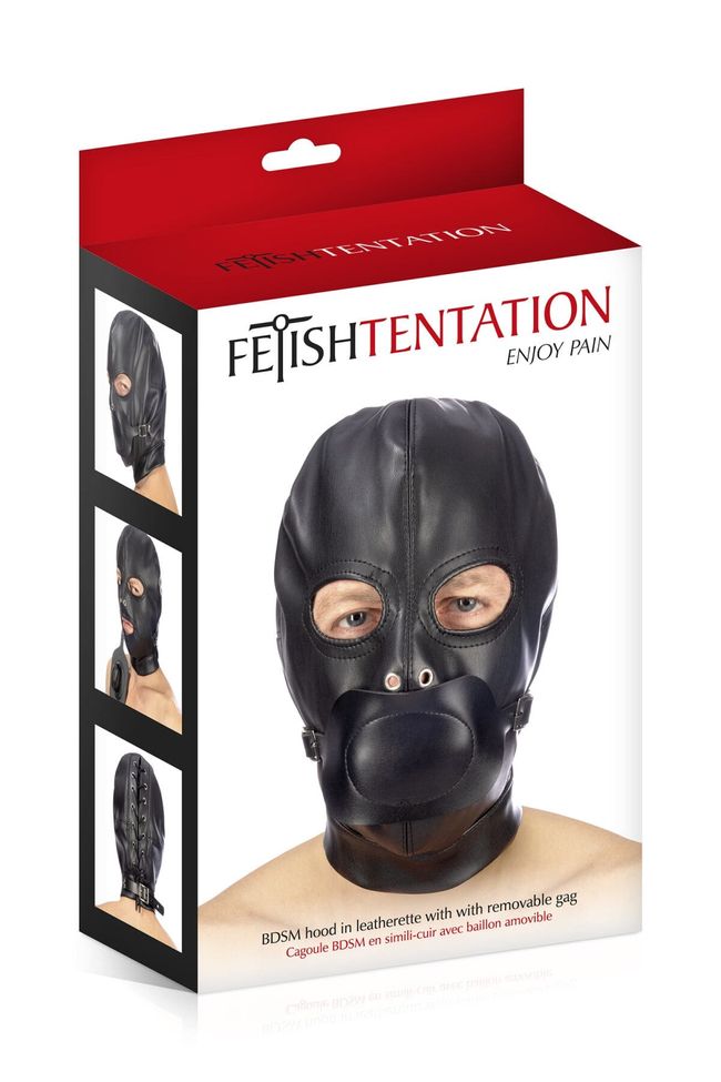 Капюшон с кляпом для БДСМ Fetish Tentation BDSM hood in leatherette with removable gag Черный One Size