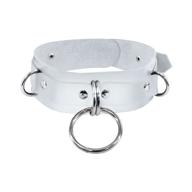 Feral Feelings D-Rings Genuine Leather Dog Collar, White, ONE SIZE, ONE SIZE