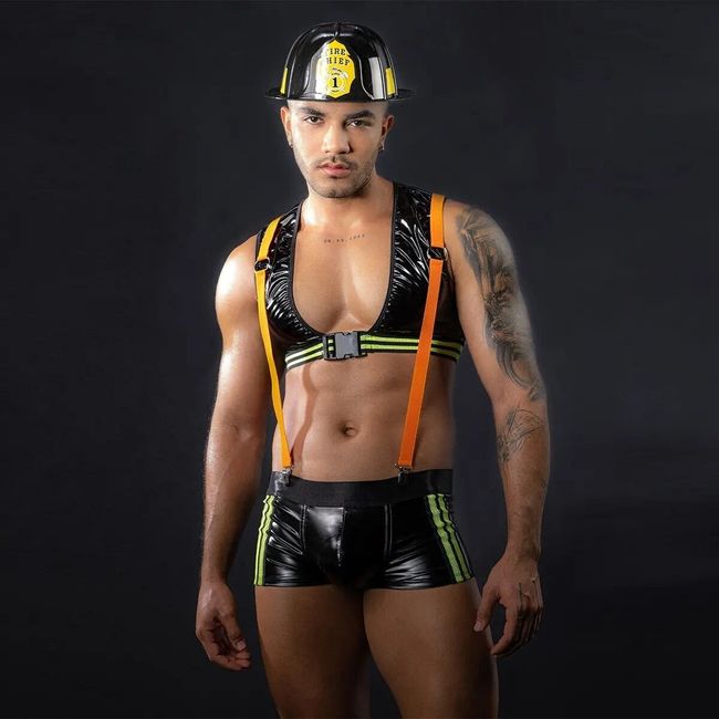 JSY Men's Erotic Firefighter Costume "Fire Sebastian" 4 Piece, Black, ONE SIZE, ONE SIZE