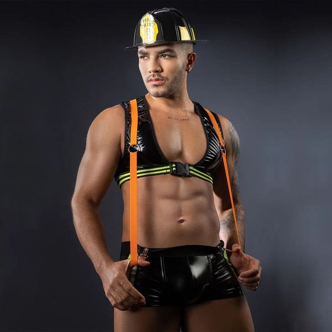 JSY Men's Erotic Firefighter Costume "Fire Sebastian" 4 Piece, Black, ONE SIZE, ONE SIZE