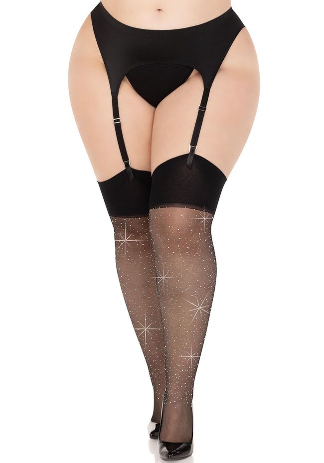 Чулки под пояс Leg Avenue Wide Top Rhinestone Sheer Stockings Черные 1X/2X SX1065 фото