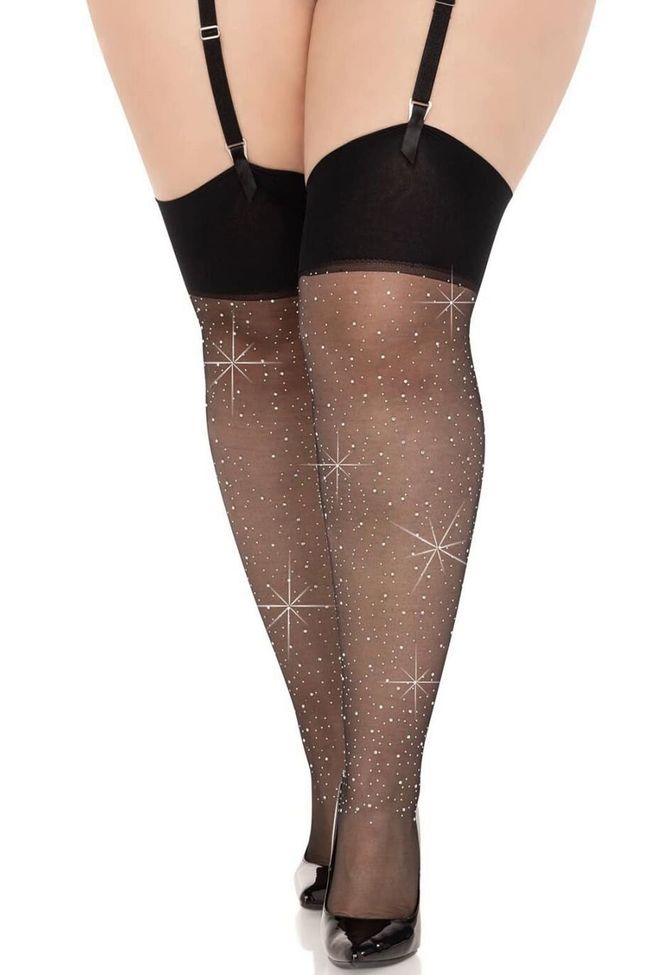 Чулки под пояс Leg Avenue Wide Top Rhinestone Sheer Stockings Черные 1X/2X SX1065 фото