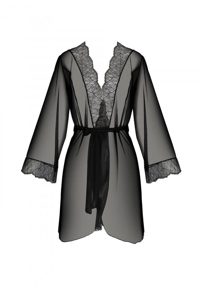 Transparent peignoir with lace Passion AMBERLY PEIGNOIR, Black, 2XL, 3XL, 2XL/3XL