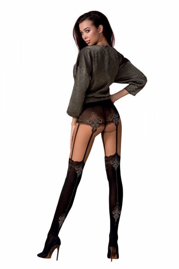 Passion TI112 Stockings and Garters Effect Tights (60/20 den) with Gold Trim, Black, 1, 2, 1/2