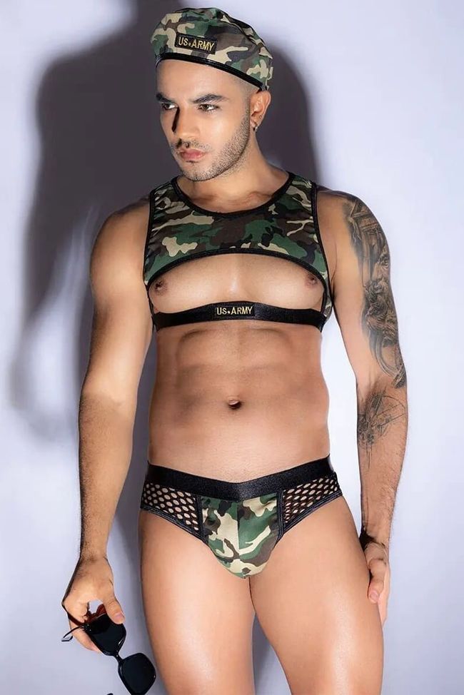 Erotic Army Costume JSY "Defender Andrew" Top, Panties, Beret, Glasses, ONE SIZE, ONE SIZE