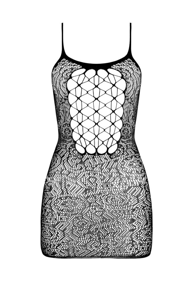 Openwork mini dress with thin straps Passion BS096 weaving on the chest, Black, ONE SIZE, ONE SIZE