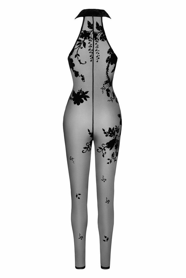 Transparent bodystocking Noir Handmade F315 Ego flocked mesh halter catsuit, Black, M