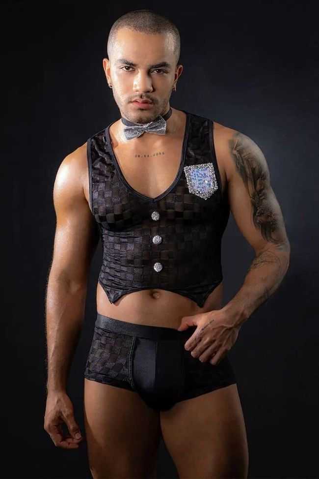 JSY Men's Erotic Waiter Costume "Charming Michael" Top, Briefs, Bow Tie, Black, ONE SIZE, ONE SIZE