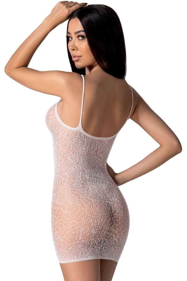 Openwork mini dress with thin straps Passion BS096 weaving on the chest, White, ONE SIZE, ONE SIZE